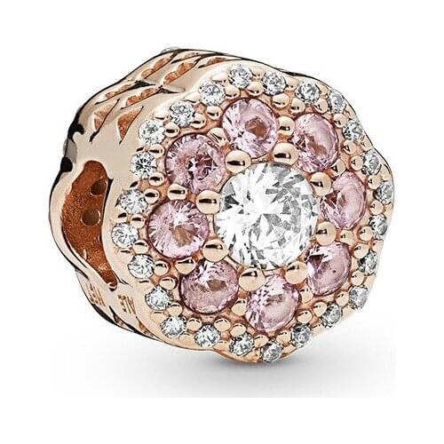 5PCS HTevak New Rose Gold Metal Girl Pink Crystal Flower Round Spacer Beads Fit Charm Original Bracelet For Women Jewelry Making