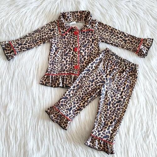 New arriva fashion kids pajamas set girl leopard pattern clothing set with ruffle baby girls outfit with red button