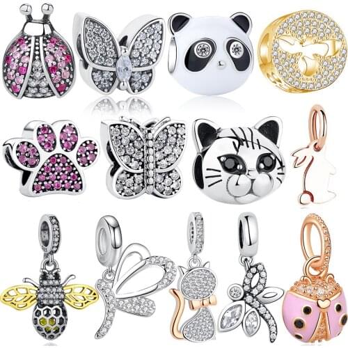 ELESHE 925 Sterling Silver Animal Insect Charm Beads Cute Ladybug Butterfly Cat Bee Charms fit Original Bracelets DIY Jewelry
