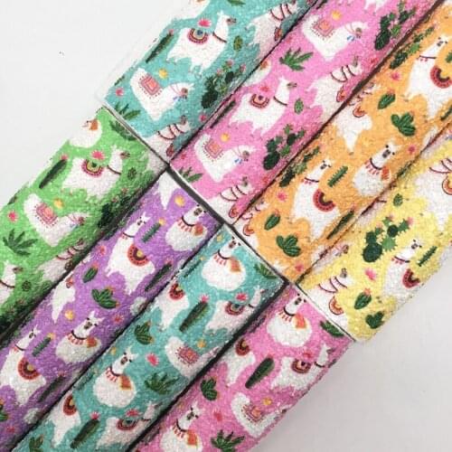 Onefly Wholesales Dropshipping Leather Supplier Lama Printed Glitter Faux Vinyl Leather Fabric Felt Backing For Bow DIY FZ120