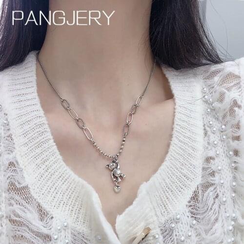 PANGJERY 925 Sterling Silver Necklaces for Women INS Fashion Simple Exquisite Cartoon Bear LOVE Heart Engagement Jewelry Gifts