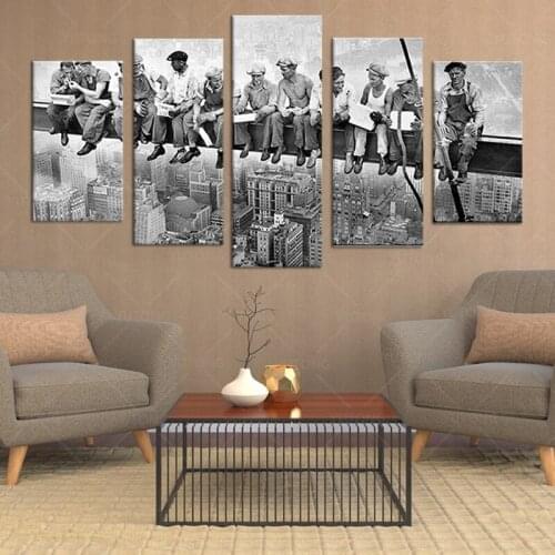 Landscape Canvas Home Decor Poster Black And White Vintage Style New York Skyscraper Lunch Workers HD Printed Room Decor Picture