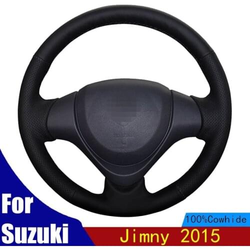 Hand-stitched Car Steering Wheel Cover Non-slip Wear-resistant Black Genuine Leather For Suzuki Jimny 2015