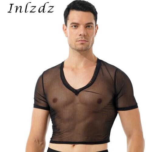 Lingerie See-through Mesh Crop Top for Mens V Neck Short Sleeve Cropped T-shirt Sexy Clubwear Tops Tees for Party Stage Show