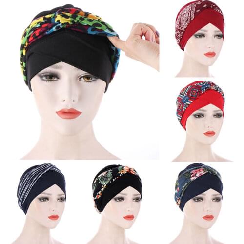 2021 New Stretchy Printed Head Bands Bonnet Forehead Cross Turban Caps Muslim Inner Hijabs Arab Head Wraps Turbans Muslim Woman