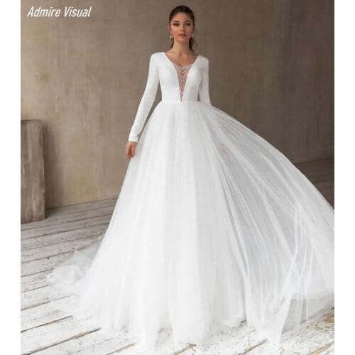 Wedding Dress A-Line Satin Deep V-Neck Neckline Full Sleeves Long Open-Back Marry With For Party Plus Sizes Bride Gown