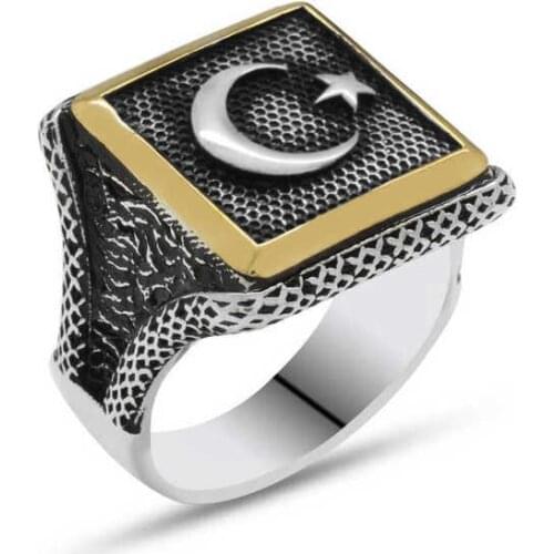 Tevuli 925 Sterling Silver Turkish Flag Moon Star Men 'S Ring