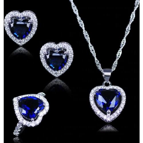 Russian Simple Style Heart Blue Crystal White Zircon Silver Color Jewelry Sets For Lady Ring Necklace Pendant Earrings