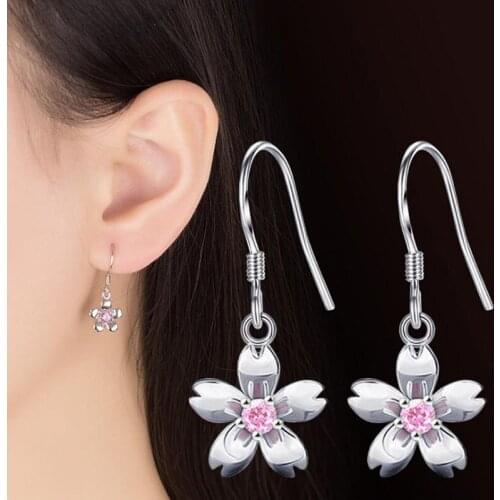 Womens Creative Rose Earrings Sweet Cherry Luxury Pink Clear Zircon Silver Earrings Wholesale Fashion Brand Jewelry Women Gift