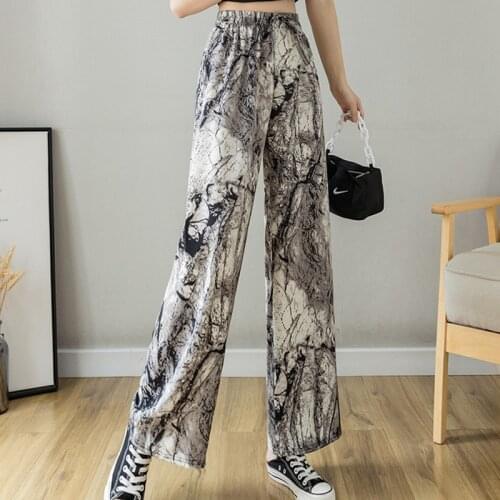 Fashion 2021 Summer Cows Ink Print Ice Silk Womens Chiffon Wide Leg Pants High Waist Loose Casual Pants Women Straight Trousers