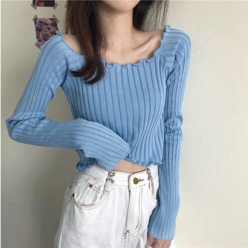Off Shoulder Sweater Women Sexy Solid Knitted Crop Tops Slim Autumn Sweaters For Women Long Sleeve Slash Neck Knittedwear