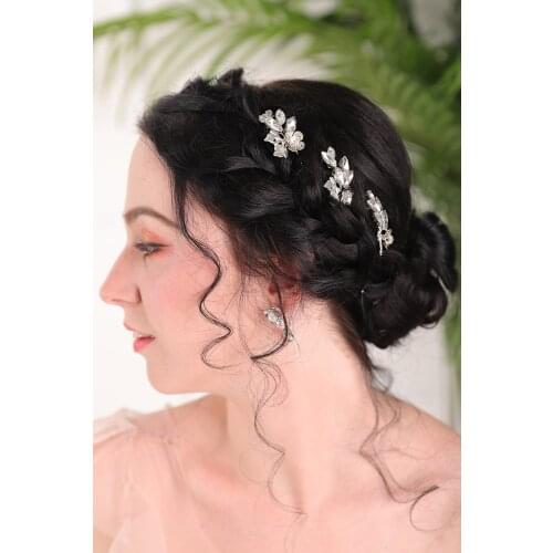 Minimalist Silver Vintage Leaves Flower Rhinestones Handmade Hair pins set Wedding hat bride hair accessories for women