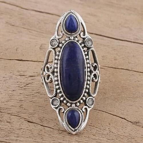 2021 New Vintage Boho Silver Color Ring Dark Blue Stone Rings for Women Hollow Ethnic Finger Ring Statement Fashion Jewelry Gift