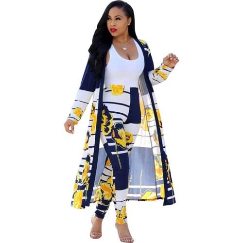 2Pcs/Set Fashion Women Floral Printed Long Sleeve Cardigan Blouse and Elastic Waist Bodycon Pants