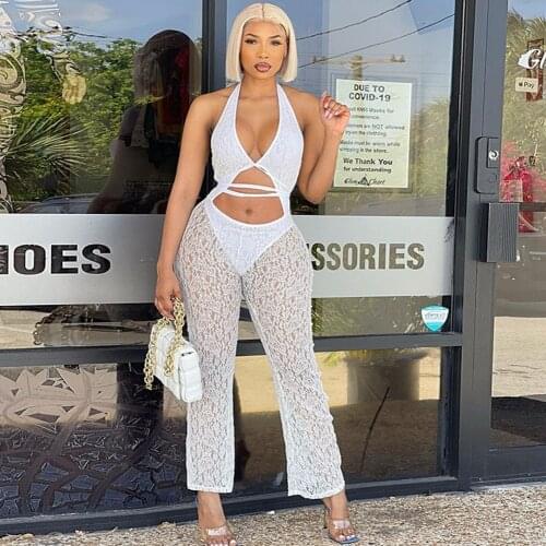 2021 Summer Lace Sleeveless Halter Flare Jumpsuit Lace Up Hollow Out See Through Sexy Y2K Streetwear Club Party Rompers