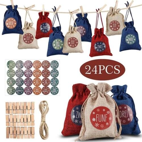 24 PCS Christmas Candy Bags Set 3 Colors Xmas Gift Bags With Hemp Rope Calendar Stickers Santa Presents Package For Christmas