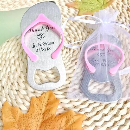 50pcs Personalized Wedding Favors Flip Flop Beer Bottle Openers Slipper Beer Opener Print Names + White Organza Bag or Gift Box