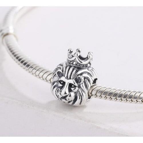 925 Sterling Silver Animal Forest Overlord Lion Head Wearing Crown Pendant Charm Bracelet DIY Jewelry Making For Pandora