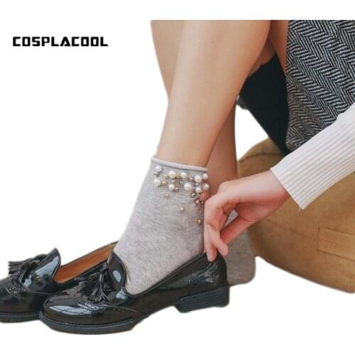 [COSPLACOOL]New Handmade Pearl Gold Silver Cute Fashion Cotton Edge Socks Women Funny Short Meias Girl Harajuku Calcetines Mujer