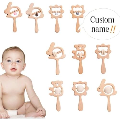 Baby Custom Made Wooden Rattle Beech Bear Hand Teething Wooden Ring Baby Rabbit Rattles Play Gym Montessori Educational DIY Toys