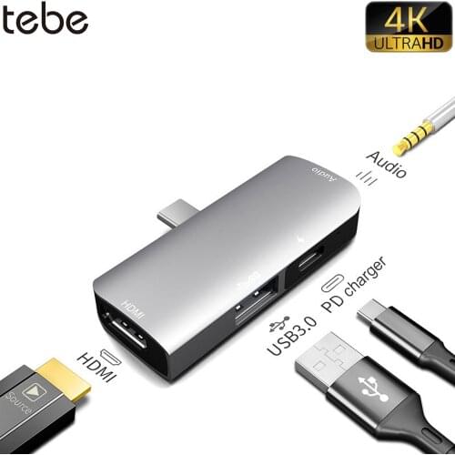 Tebe Type-C Hub 4 IN 1USB C to 4K HDMI 3.5mm Jack Aux USB 3.0 Hub Adapter For iPad Pro/MacBook Pro Huawei Type c Splitter