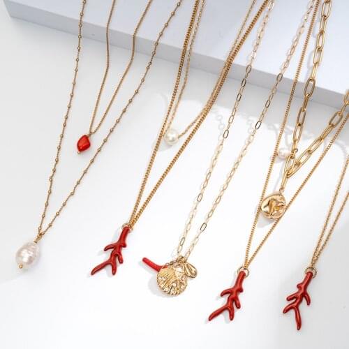 Natural Irregular Coral Stone Necklace Vintage metal chain Choker Shell Pendant Statement Party Jewelry