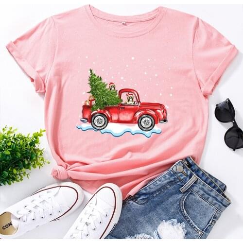 Christmas Dog Car Print T Shirt Women 100%Cotton O Neck Short Sleeve Graphic Tees T-Shirt Pink Tops TShirt Mujer Camisetas