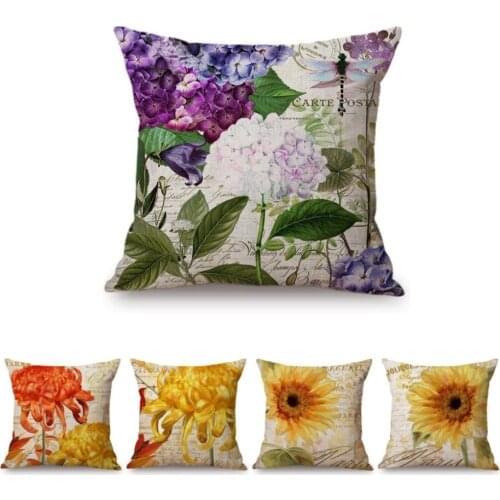 Hydrangea Sunflower Chrysanthemum Art Poster Style Home Decorative Sofa Throw Pillow Case Floral Flower Vintage Cushion Cover