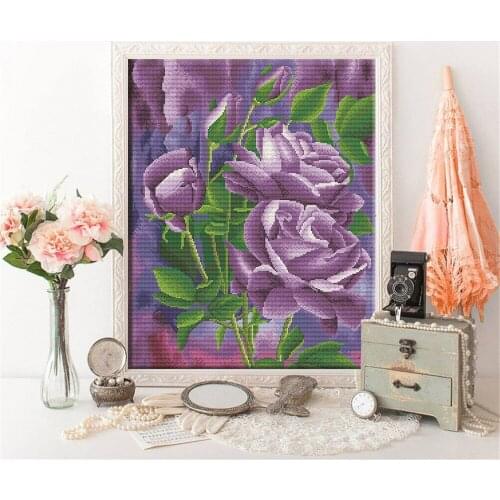 HUACAN Embroidery Rose Flower Cross Stitch Floral Needlework Sets For Full Kits White Canvas 14CT DIY Home Decor 40x50cm
