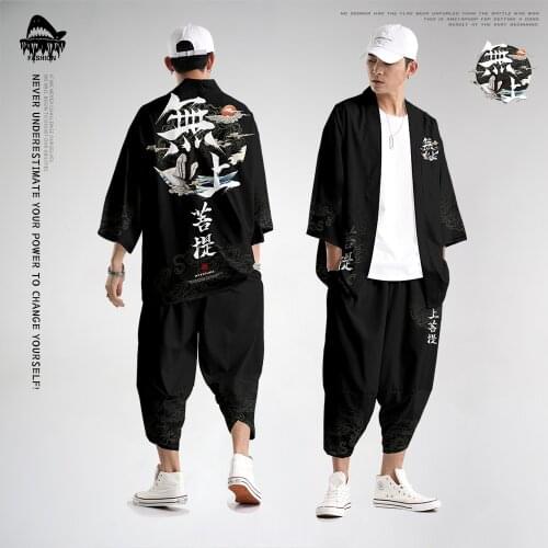 Men Chinese Style Black Print Cardigan Jacket And Pant Man Kimono Samurai Costumes Streetwear Haori Asian Yukata