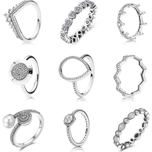 Original 9 Style Silver Color Ring Pave Logo Signature With Crystal Pan Rings For Women Wedding Jewelry