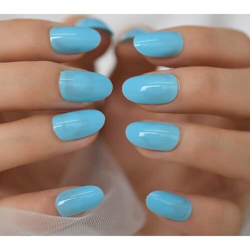 Short Squoavl Pure Blue Color Nails Gel Tips Decoration Nails False Hand Dummy Stick On Nail Nails Fingernails Clean Mirror