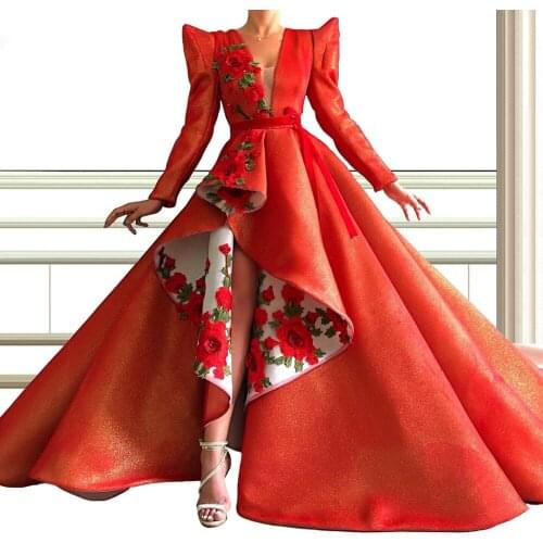 Red Muslim Evening Dresses Ball Gown V-neck Long Sleeves Appliques Slit Dubai Saudi Arabia Long Prom Dress Gown Robe De Soiree