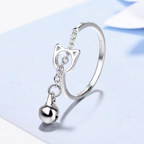 Cute Fashion Cat Bell Ring For Women Girl Silver Color Kitten Cat Tassel Opening Rings Adjustable Bague Direct Selling Hot