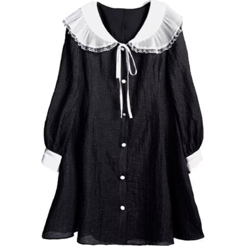 PERHAPS U Women Black Peter Pan Collar Bow Button Long Sleeve A-line Mini Dress Oversize Spring D2435
