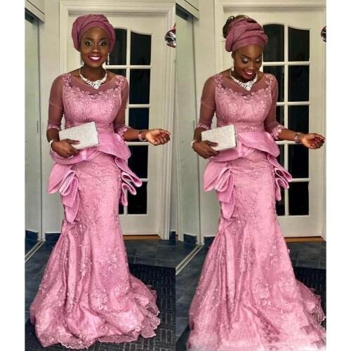 Aso Ebi 2019 Sexy Mermaid Evening Dress Sheer Neck Lace Pearls Prom Dresses 3/4 Long Sleeves Nigeria Formal Party Pageant Gowns