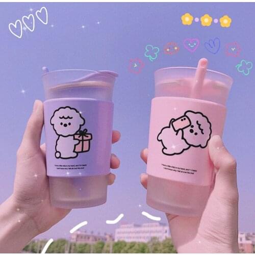 Simple Fashion Water Cup With Spoon and Lid Coffee Milk Cup Cute Double Layer Anti Scalding Glass Frosted Cups for Girls