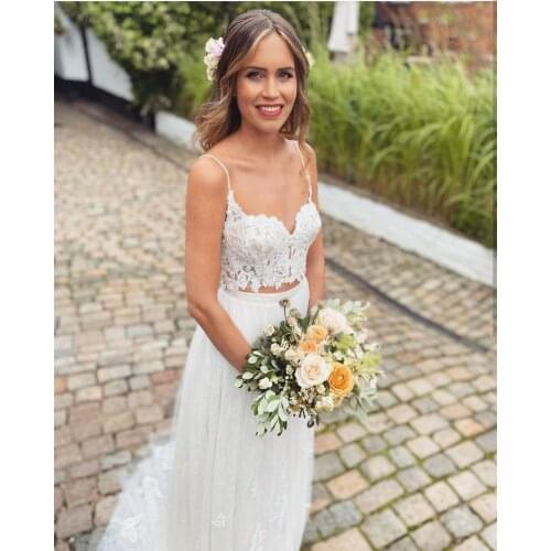 Wedding Dress Two Pieces 2 Spaghetti Strap Bridal Gowns 2021 A-line Sweetheart Sleeveless Lace Appliques floor Length charming