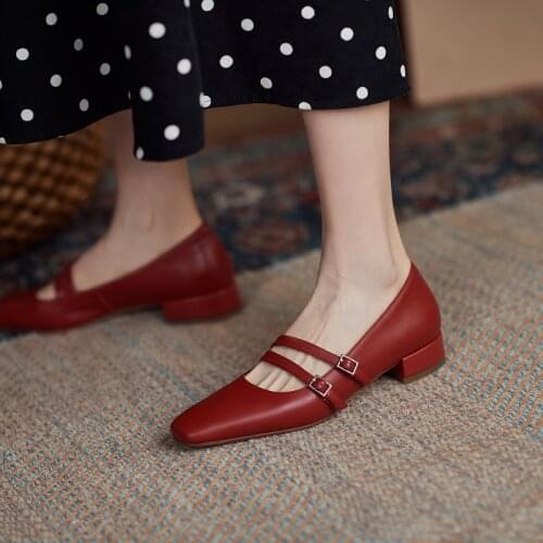 Spring/Autumn Genuine Leather Women Shoes Square Toe Buckle Casual Shoes Thick Heel Fashion Slip-On Pump Size 34-40 All-match