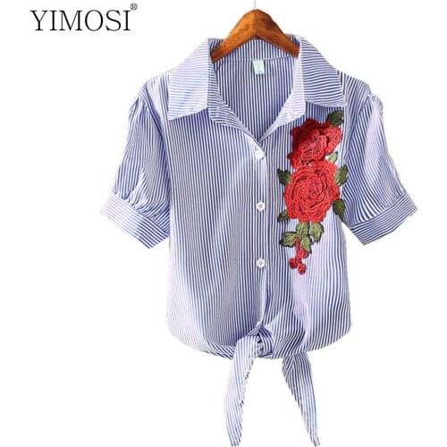 New Shirt Tops 2020 Kimono Pinstripe Hem Women Embroidery Blouse Korean Short Puff Sleeve Striped Shirt Embroidered Shirt Blouse