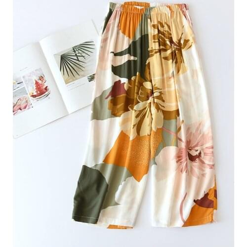 Spring and Autumn Womens Pajama Pants Thin Printed Calf-Length Wide Leg Pants Soft Loose Casual Females Homewear