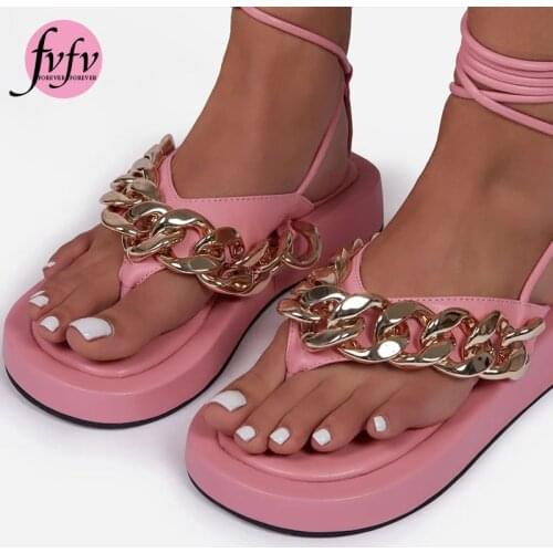 [FVFV]Summer Womens shoes 2021 thick-soled mid-heel platform flip-flops metal chain anklet strap Roman sandals size 36-41