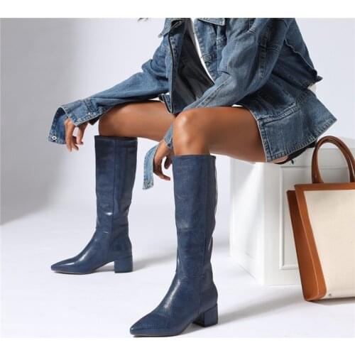 YMECHIC Fashion 2020 Chunky Heels High Knee Boots Yellow Silver Blue Pointed Toe Knee High Long Boots Winter Female Shoes Botas