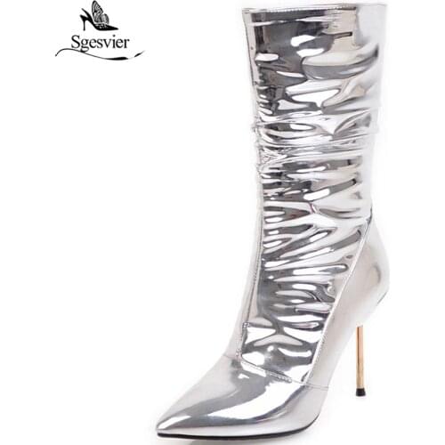 Sgesvier Fashion Silver Knee High Boots Woman Pointed Toe Thin High Heel Boots Winter Warm Fur Shoes Large Size 32-43 OX735
