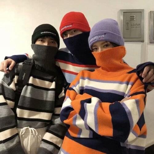 Hikigawa Turtleneck Sweater Women 2021 Autumn Korean Harajuku Style Contrast Color Striped Knitted Tops Loose All Match Jumpers