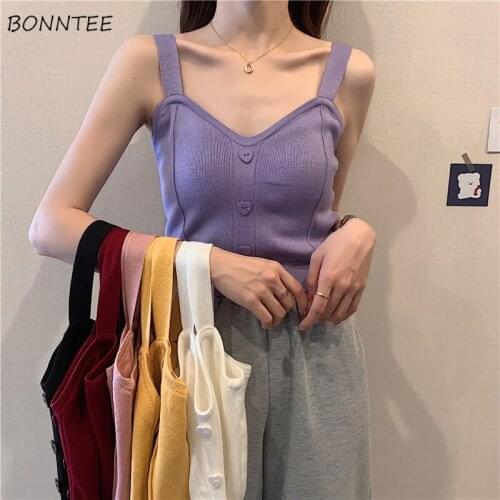 Camisole Women Kawaii Ulzzang Solid Various Colors Girls Knitted Top Buttons Slim Elastic Streetwear Holiday Teens Hipster Soft