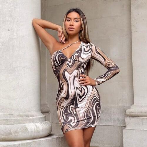 Hirigin Tie Dye Print Women Long Sleeve Hollow Out One Shoulder Mini Dress Bodycon Sexy Streetwear Party Elegant 2021 Autumn