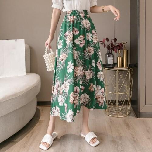 2021 New Summer Long Maxi Skirt Womens Bohemian High Waist Print Floral Chiffon Skirt Female Green Boho Beach Party A-Line Skirt