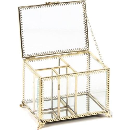 50%HOT Clear Metal Frame Jewelry Storage Box Cotton Swab Cosmetic Holder Case with Lid