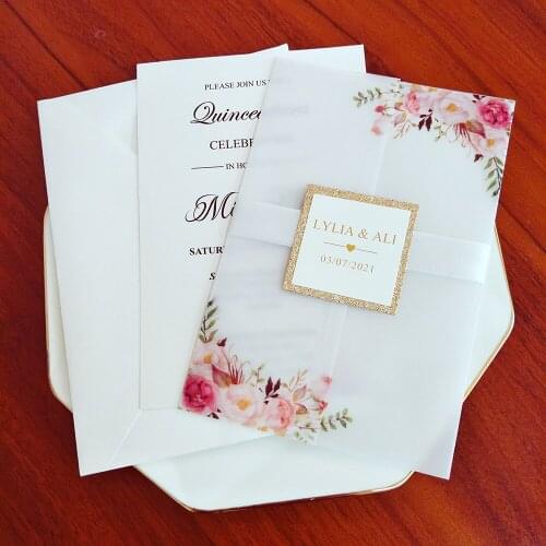 50 Pieces/Lot) Spring Flower Wedding Invitation Card Wrap With Glitter Tag DIY Transparent Quinceanera Party Invites